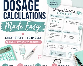 Foglio riassuntivo per il calcolo del dosaggio infermieristico / Guida di matematica NCLEX / Matematica medica semplificata / Guida allo studio per la scuola infermieristica / Formula per la velocità di infusione endovenosa (PDF)