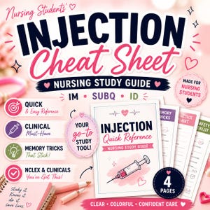 May include: A pink and white "Injection Cheat Sheet" nursing study guide. The cover features the title, a syringe illustration, and the text "Quick Reference." Additional sheets include "Memory Tricks" and a "Safety Checklist." The guide is designed for nursing students.