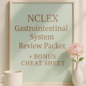 Puede incluir: Una impresión enmarcada con el texto "NCLEX Gastrointestinal System Review Packet + BONUS CHEAT SHEET" en letras marrones sobre un fondo verde claro. Una taza blanca y un pequeño jarrón con una flor rosa están en primer plano.