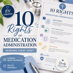May include: A nursing cheat sheet titled "10 Rights of Medication Administration." The document includes a list of the ten rights, with icons and brief descriptions. The sheet is designed as a clinical quick reference and is NCLEX friendly.