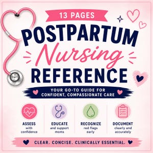 Pode incluir: Guia de referência rosa e branco para enfermagem pós-parto. A imagem apresenta o texto "POSTPARTUM Nursing REFERENCE" com um estetoscópio e corações. Aborda temas como avaliação, educação, reconhecimento de sinais de alerta e documentação precisa.
