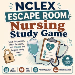 Puede incluir: Ilustración de un juego de estudio para enfermería, titulado "NCLEX Escape Room Nursing Study Game". La imagen incluye un candado, una bolsa de goteo intravenoso, una carpeta con un monitor cardíaco y un estetoscopio. Los iconos representan valores de laboratorio, farmacología y priorización.