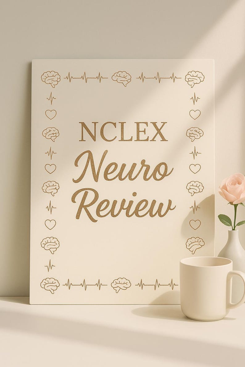 K&ouml;nnte beinhalten: Ein cremefarbenes Schild mit den Worten "NCLEX Neuro Review" in goldener Schrift. Das Schild ist mit Gehirn-, Herz- und EKG-Linienzeichnungen verziert. Eine wei&szlig;e Tasse und eine kleine Vase mit einer rosa Blume befinden sich im Vordergrund.
