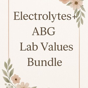Może przedstawiać: Beżowa grafika z jasnobrązową ramką i kwiatowymi zdobieniami. Tekst brzmi "Electrolytes + ABG Lab Values Bundle" w ciemnobrązowej czcionce. Narożniki zdobią akwarelowe kwiaty i liście.