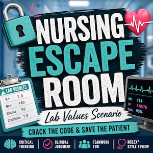 May include: A teal padlock and a red heart with a white EKG line are featured in this image. The words "NURSING ESCAPE ROOM" are displayed in large, bold letters. Below, the text "Lab Values Scenario" and "Crack the Code & Save the Patient" are visible.