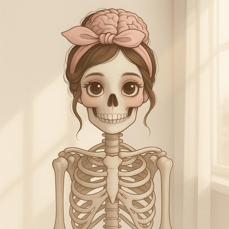 K&ouml;nnte beinhalten: Illustration eines Skeletts mit einem rosa Gehirn, das eine rosa Schleife und ein Stirnband tr&auml;gt. Das Skelett hat gro&szlig;e Augen und rosige Wangen. Das Bild ist eine skurrile und k&uuml;nstlerische Darstellung der Anatomie.