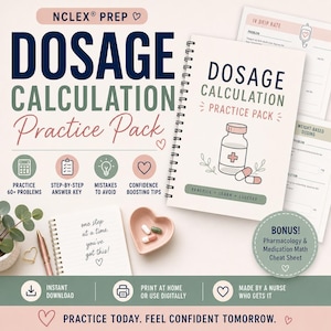 Może przedstawiać: Obraz promocyjny pakietu ćwiczeń z obliczania dawek. Obraz przedstawia spiralny notatnik z tytułem "Dosage Calculation Practice Pack" i grafiką butelki z pigułkami. Dodatkowe elementy to naczynie w kształcie serca z pigułkami i tekst.