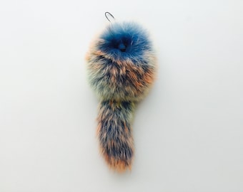 OOAK    Hand Dyed Orange Green Blue Cellphone Charm Keychain Key Ring Puff Ball Fluffy