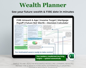 Wealth Planner: FIRE + Net Worth Projection Calculator Finance Template (Early Retirement Excel Workbook)