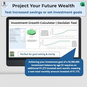 May include: A computer screen displays a financial planning tool with charts and data. Text at the top reads "Project Your Future Wealth." The screen shows an "Investment Growth Calculator" with a pie chart and line graphs. A blue callout box details investment goals.