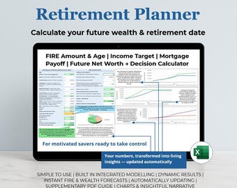 Retirement Planner: Early Retirement, FIRE, Net Worth, Wealth Finance Template Calculator and Guide (Excel)