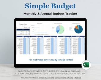 Budget Planner: Excel Monthly & Annual Budget Spreadsheet Template (Digital Expense Tracker)