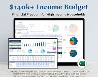 Excel Budget Planner for 140k+ Dollar Income: Monthly & Annual Finance Tracker (Digital Template)