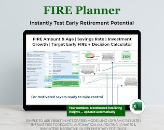 FIRE and Retirement Planner: Financial Independence Calculator +  Guide (Excel Workbook and PDF)