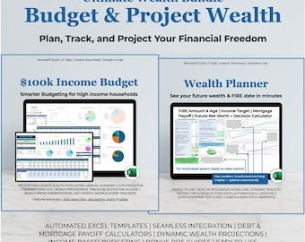 Budget 100k Income and Wealth Planner: Finance Template and Net Worth Projection Bundle (Digital Download)