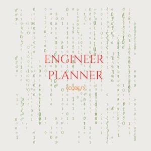 Puede incluir: Impresión digital con código binario verde cayendo sobre un fondo beige claro. El texto rojo dice "ENGINEER PLANNER". El diseño sugiere un tema tecnológico o de codificación.