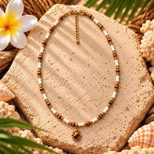 Tiger-Eye and White Shell Beaded Choker