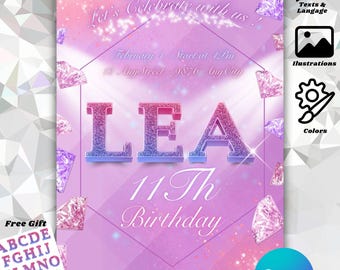 Födelsedagsinbjudan med strass och diamanter – Anpassningsbart Canvas-kort – Nedladdningsbart – Elegant och glamorös inbjudan