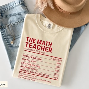 May include: An ivory t-shirt featuring red text that reads THE MATH TEACHER, Serving Size: 1 is Enough, and a nutrition label style list including Problem Solving, Mental Math, Equation Writing, Graphing Skills, and Patience with Calculators.