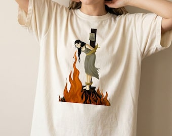 Comfort Colors® Witch Trial Burning T-Shirt ,Dark Gothic Shirt ,Occult Witchy Tee, Witch Lighting Cigarette While Burning at the Stake Tee