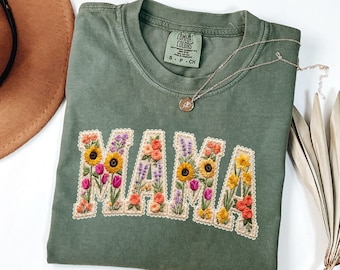 Comfort Colors® Floral Mama Faux Patchwork Graphic Tee, Wildflower Mom Shirt, Mother's Day Gift