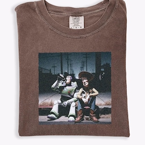 May include: A brown short-sleeve t-shirt featuring a graphic print of Buzz Lightyear and Woody sitting on a curb at night. The shirt has a crew neckline and a Comfort Colors brand label on the inside collar, indicating a size large.