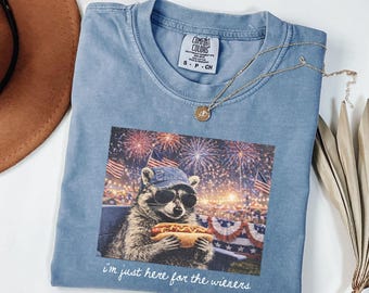 Just Here for the Wieners 4th July Tee, Comfort Colors® Patriotic Raccoon Hot Dog Shirt