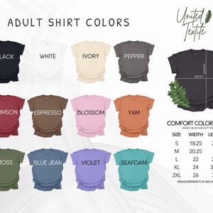 a collection of adult shirt colors, including black, white, ivory, pepper, and others, along with their corresponding measurements.