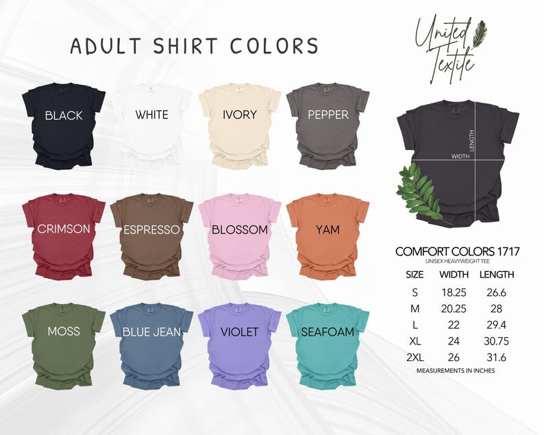 a collection of adult shirt colors, including black, white, ivory, pepper, and others, along with their corresponding measurements.