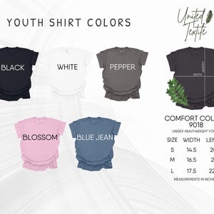 a collection of youth t-shirt colors and sizes, including black, white, pepper, and blue jeans, along with their corresponding measurements.