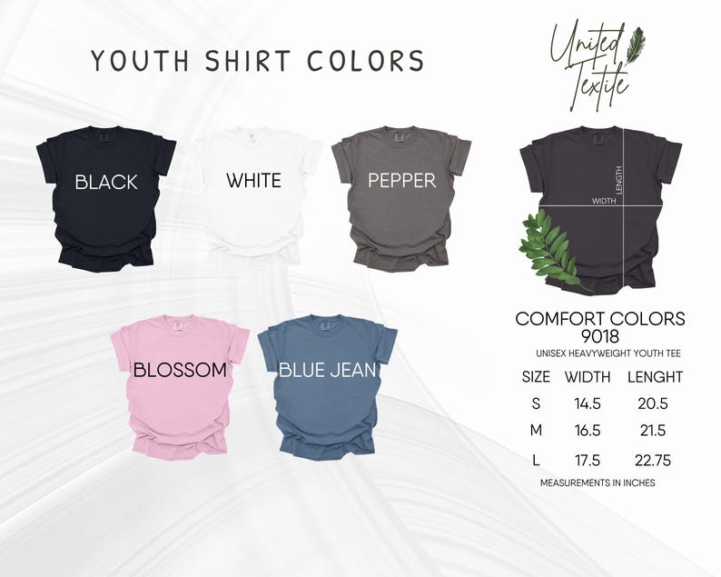 a collection of youth t-shirt colors and sizes, including black, white, pepper, and blue jeans, along with their corresponding measurements.