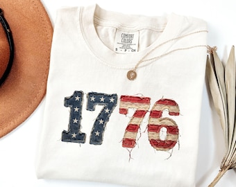 Comfort Colors® Distressed Faux Patchwork 1776 USA Flag Shirt, 4th of July Tee