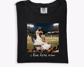 Comfort Colors® I Live Here Now Goose Goose Funny Ballfield T-shirt, Baseball Mama Tee, Baseball Lover Gift, Baseball Fan Gift, Game Day Tee