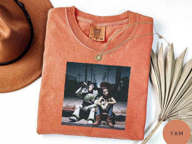 May include: A terracotta-colored short-sleeve t-shirt featuring a graphic print of two animated characters sitting on a curb at night. The shirt has a crew neckline and a Comfort Colors brand label on the inside collar. The fabric has a washed texture.