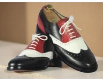Zapatos de vestir con cordones de cuero de dos tonos hechos a mano para hombre