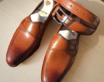 Zapatos Oxford de piel marrón hechos a medida con cinturón a juego / Zapatos de vestir formales hechos a mano