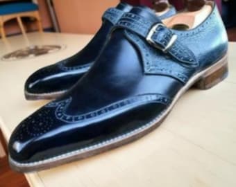 Zapatos de hebilla de cuero azul marino hechos a mano para hombre / Zapatos formales con hebilla clásica