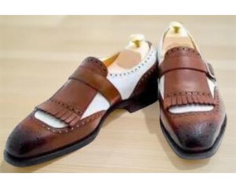Zapatos de monje de dos tonos hechos a mano para hombre / Zapatos formales de cuero marrón y blanco