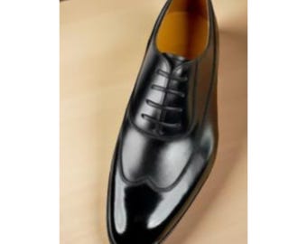 Zapatos de punta de ala de cuero negro para hombre, hechos a mano y personalizados, para bodas y fiestas.