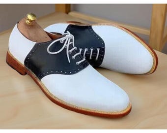 Handmade Black & White Two Tone Calf Leather Oxford Shoes for Men – Lace-Up