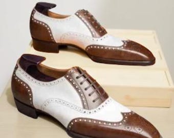Zapatos Oxford Brogue de piel bicolor marrón y blanco hechos a mano para hombre