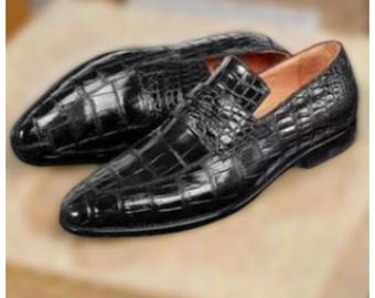 Mocasines sin cordones de piel de cocodrilo negra hechos a mano para hombre