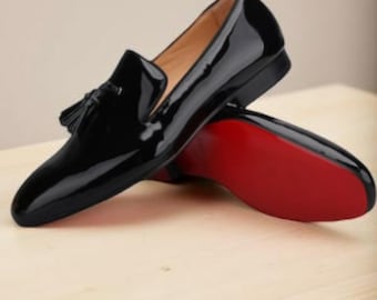 Christian Louboutin Dandelion Tassel Loafer Black Patent Leather Handmade Shoes