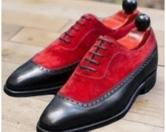 Zapatos Oxford con punta de ala de cuero negro y ante rojo para hombre, hechos a mano