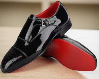 Christian Louboutin Men’s Monk Strap Shoes – Black Patent & Calf Leather Handmade Dress Shoes