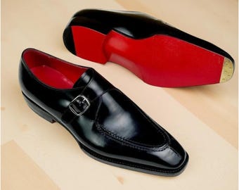 Christian Louboutin Men Black Leather Monk Strap Dress Shoes Red Sole