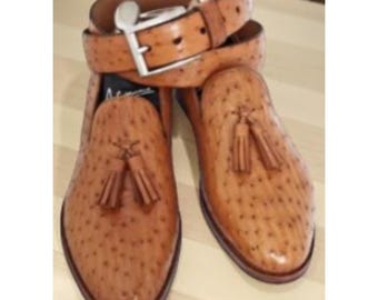 Mocasines con borlas para hombre hechos a medida / Zapatos de piel de avestruz de lujo con cinturón a juego