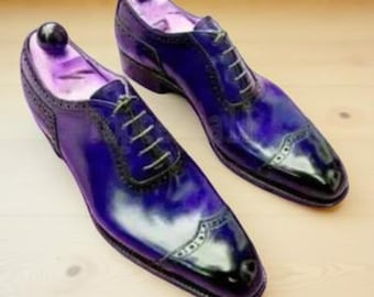 Zapatos de vestir Oxford con punta de ala de piel de becerro azul hechos a mano / Zapatos de vestir de plena flor