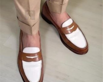 Mocasines de piel hechos a mano / Zapatos de vestir bicolor sin cordones