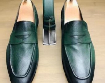 Mocasines de cuero verde hechos a mano para hombre con cinturón a juego / Zapatos de piel de becerro plena flor de lujo